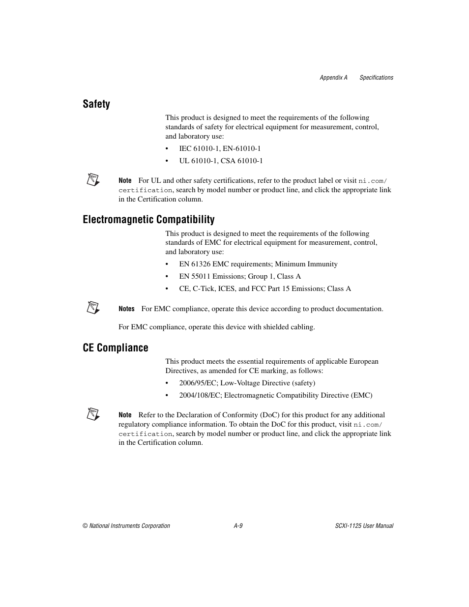 Safety, Electromagnetic compatibility, Ce compliance | National Instruments Module SCXI-1125 User Manual | Page 78 / 101
