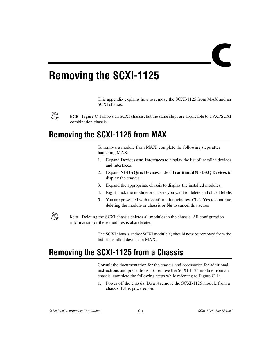 Appendix c removing the scxi-1125, Removing the scxi-1125, Removing the scxi-1125 from max | Removing the scxi-1125 from a chassis | National Instruments Module SCXI-1125 User Manual | Page 82 / 101