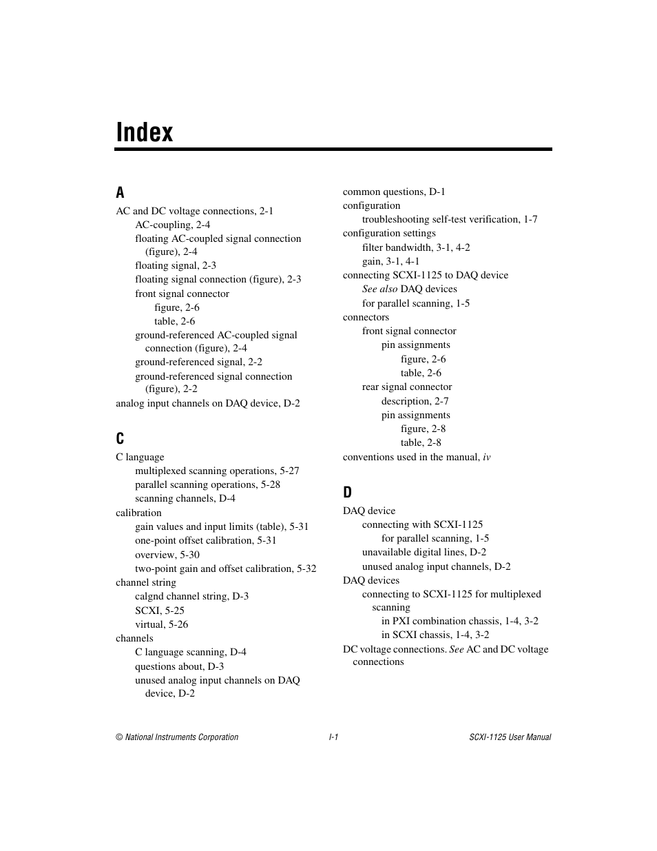 Index, A - d | National Instruments Module SCXI-1125 User Manual | Page 98 / 101