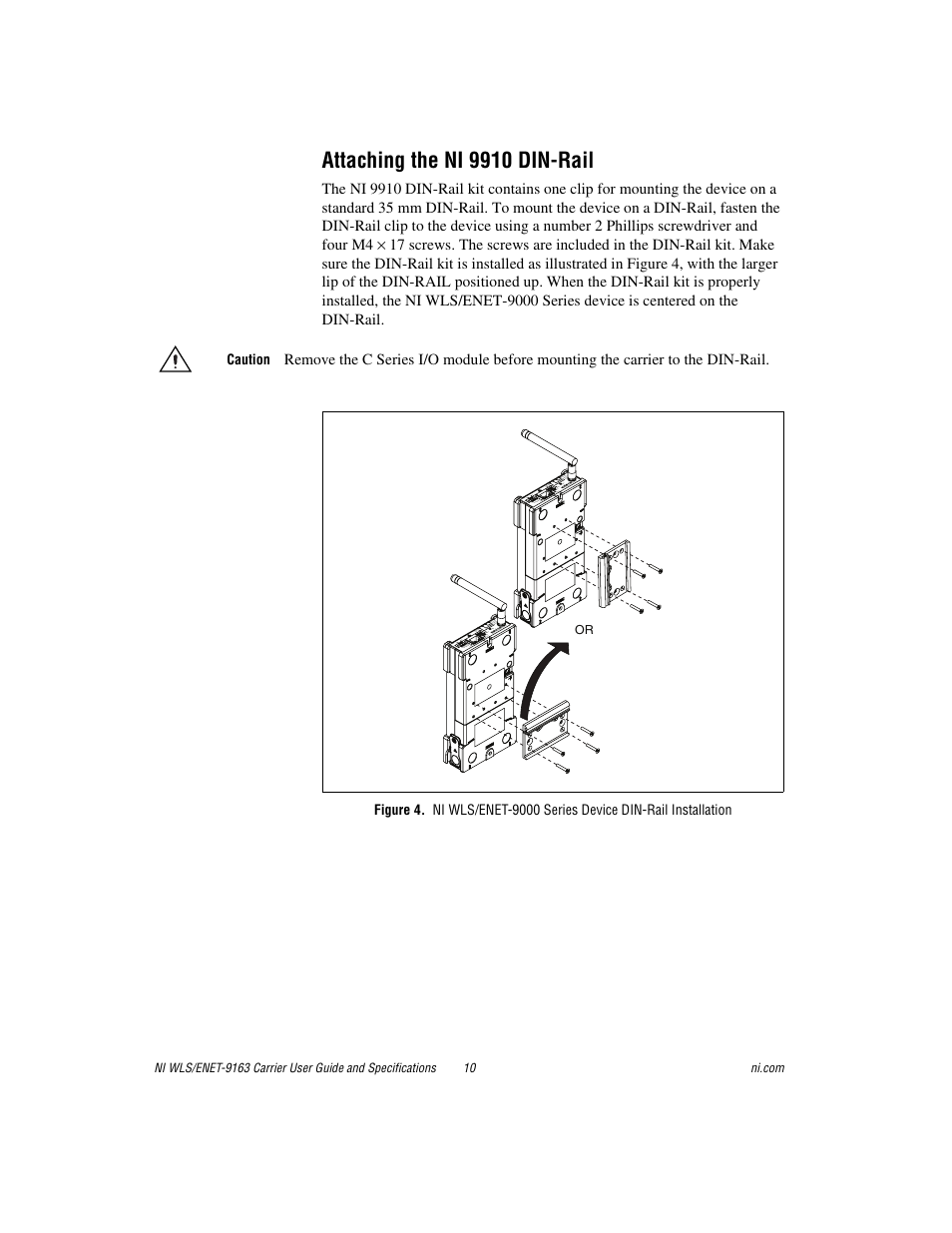 Attaching the ni 9910 din-rail | National Instruments NI WLS/ENET-9163 User Manual | Page 10 / 36