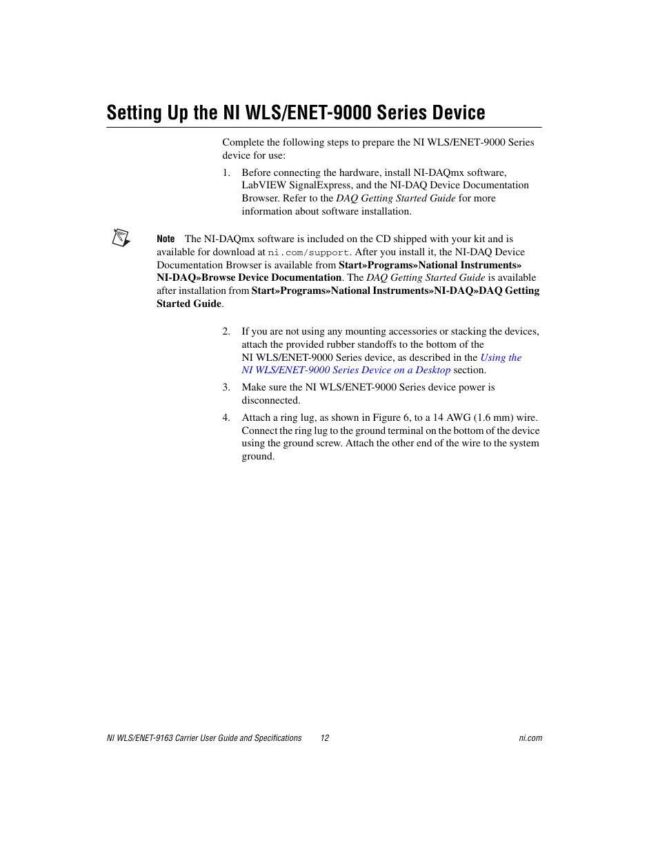 Setting up the ni wls/enet-9000 series device | National Instruments NI WLS/ENET-9163 User Manual | Page 12 / 36
