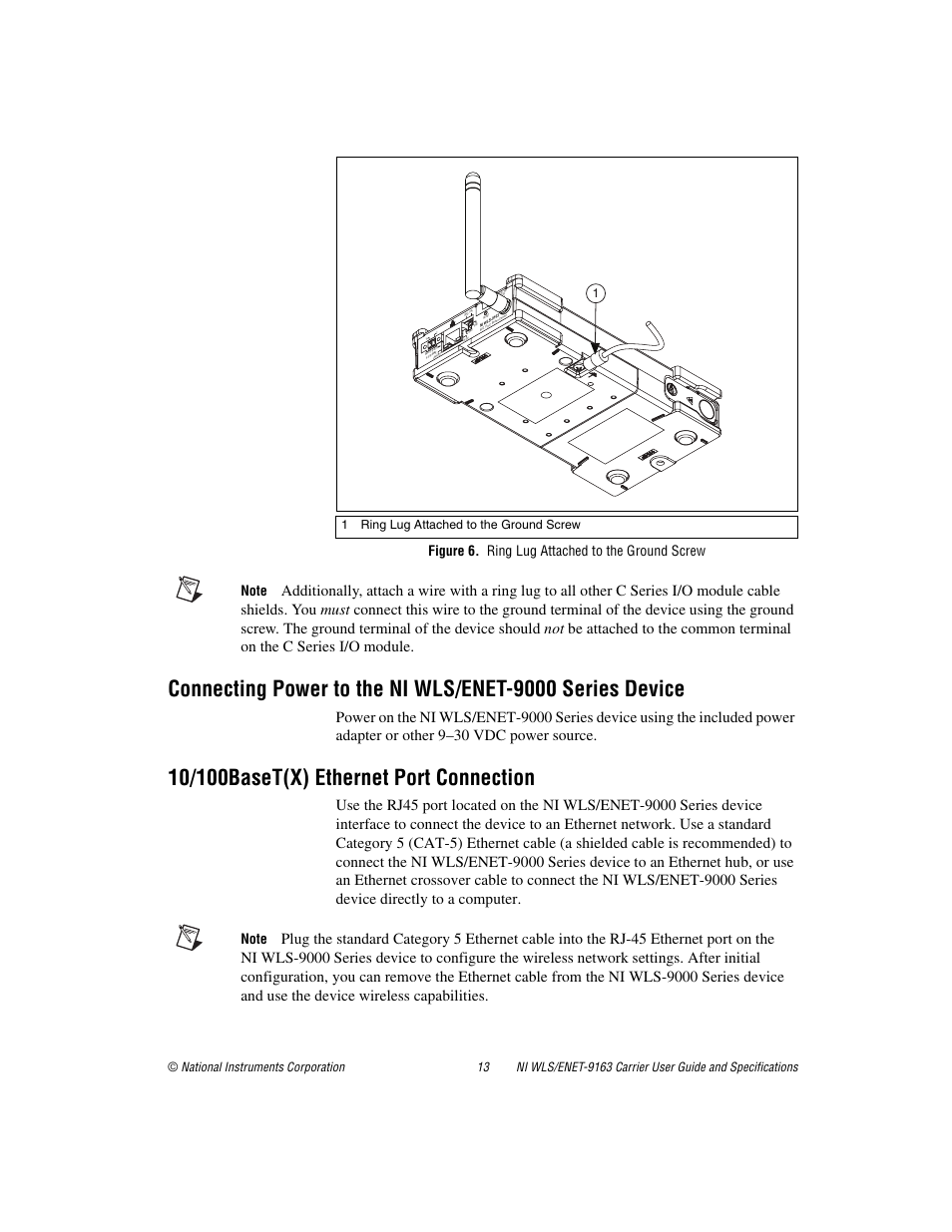 Figure 6. ring lug attached to the ground screw, 10/100baset(x) ethernet port connection, Re 6, to a 14 a | 1ring lug attached to the ground screw 1 | National Instruments NI WLS/ENET-9163 User Manual | Page 13 / 36