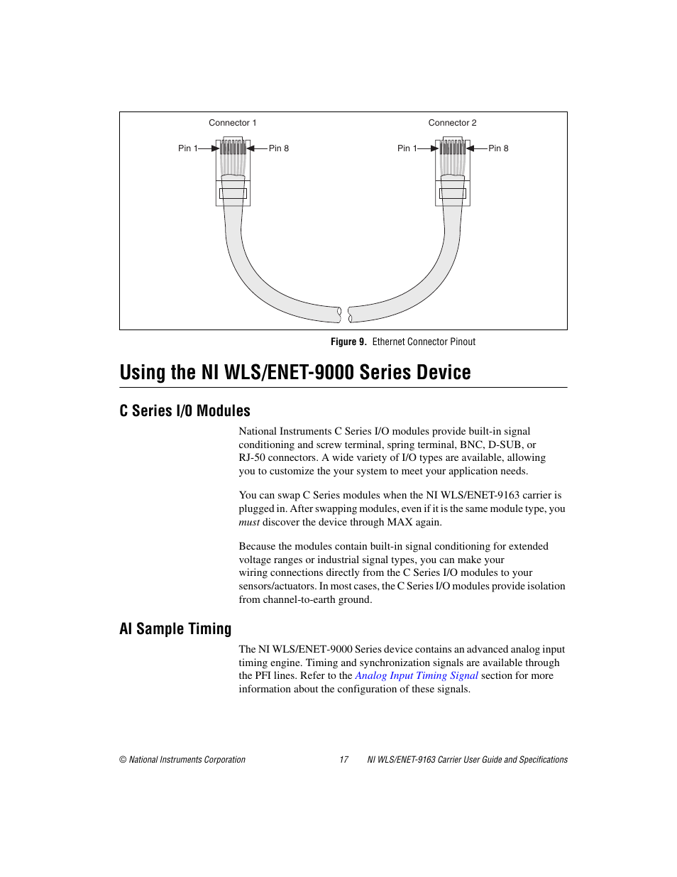 Figure 9. ethernet connector pinout, Using the ni wls/enet-9000 series device, C series i/0 modules | Ai sample timing | National Instruments NI WLS/ENET-9163 User Manual | Page 17 / 36