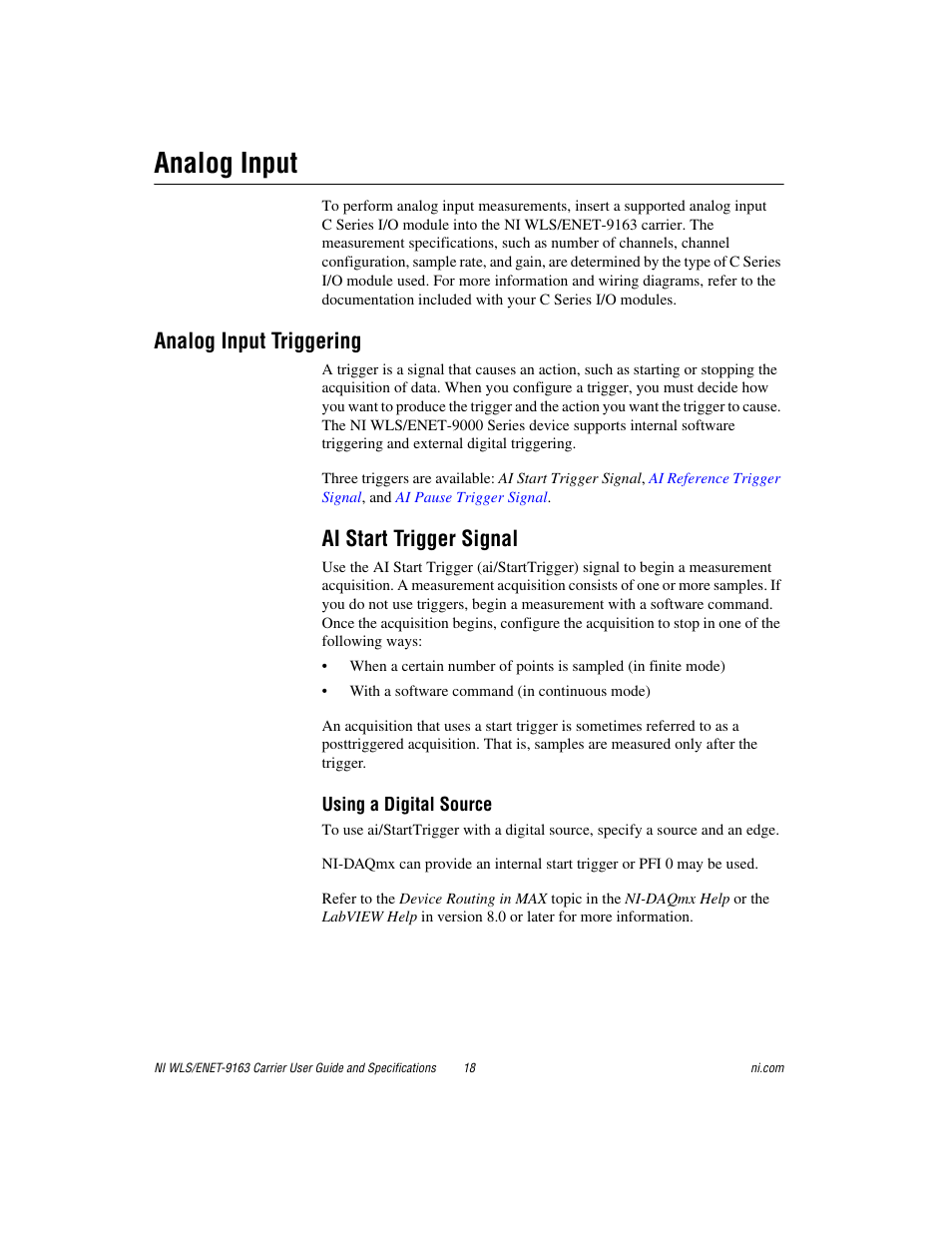 Analog input, Analog input triggering, Ai start trigger signal | National Instruments NI WLS/ENET-9163 User Manual | Page 18 / 36