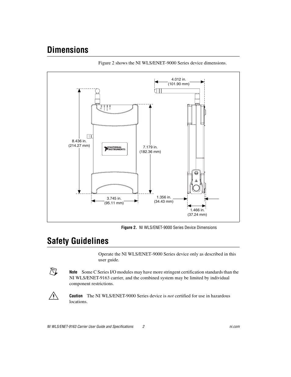 Dimensions, Safety guidelines | National Instruments NI WLS/ENET-9163 User Manual | Page 2 / 36