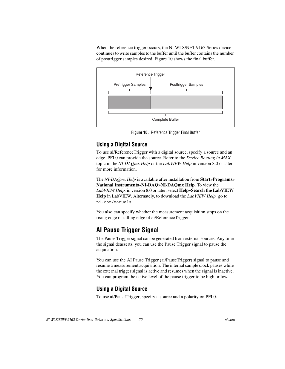 Figure 10. reference trigger final buffer, Ai pause trigger signal, Using a digital source | National Instruments NI WLS/ENET-9163 User Manual | Page 20 / 36