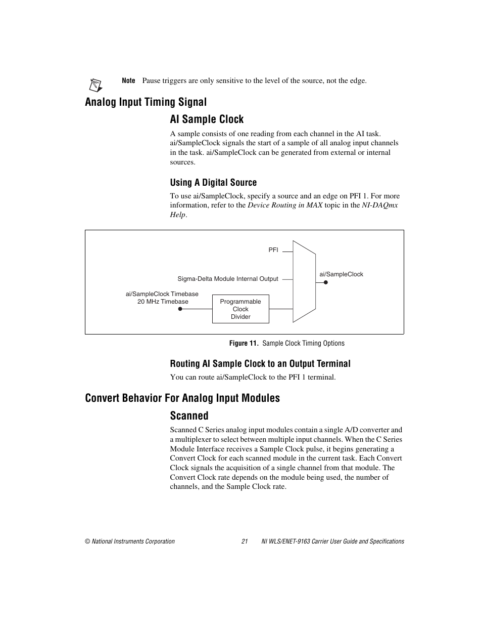 Analog input timing signal, Ai sample clock, Figure 11. sample clock timing options | Convert behavior for analog input modules, Scanned, Analog input timing signal ai sample clock, Convert behavior for analog input modules scanned | National Instruments NI WLS/ENET-9163 User Manual | Page 21 / 36