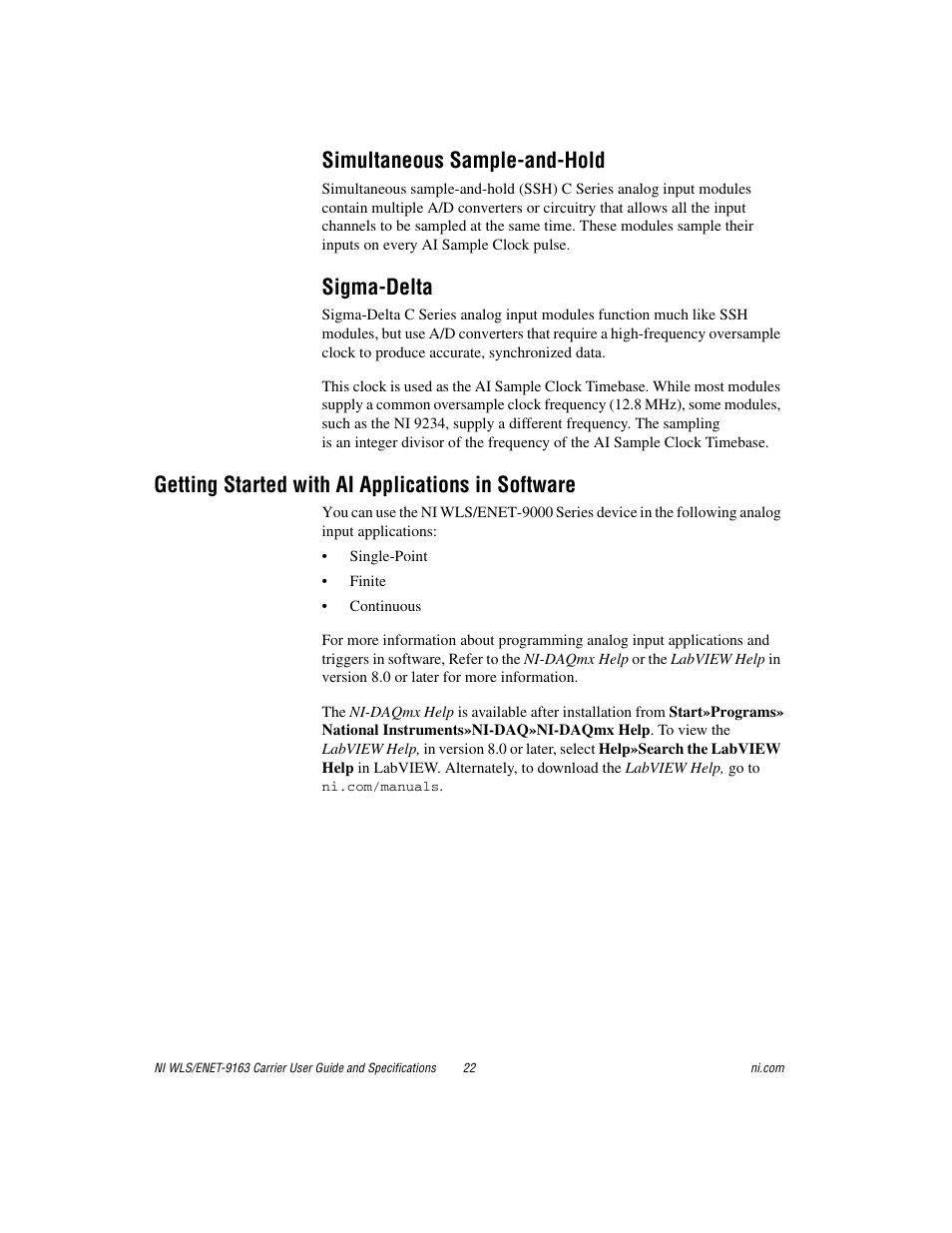 Simultaneous sample-and-hold, Sigma-delta, Getting started with ai applications in software | National Instruments NI WLS/ENET-9163 User Manual | Page 22 / 36