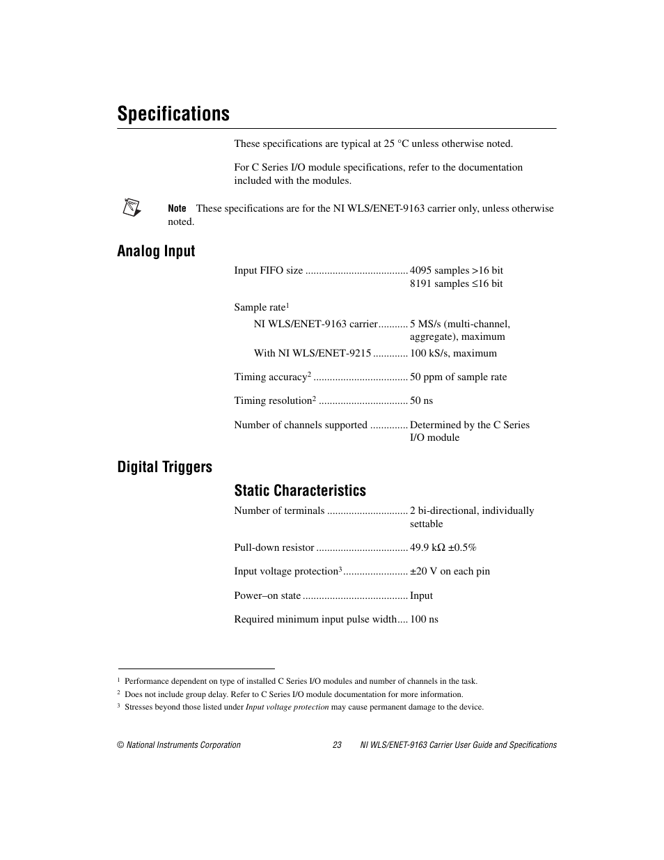 Specifications, Analog input, Digital triggers | Static characteristics, Digital triggers static characteristics | National Instruments NI WLS/ENET-9163 User Manual | Page 23 / 36
