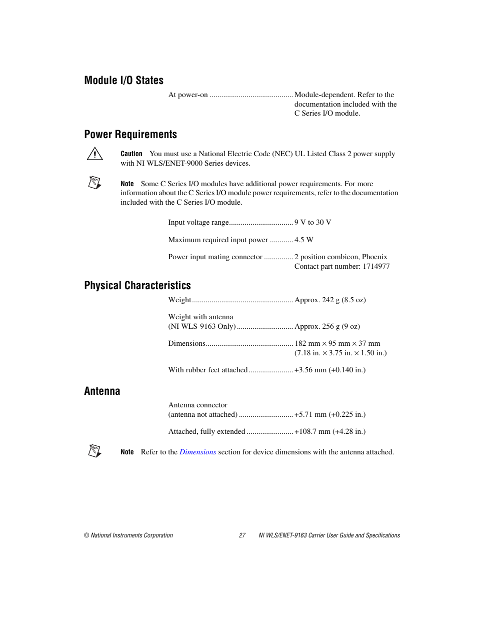 Module i/o states, Power requirements, Physical characteristics | Antenna | National Instruments NI WLS/ENET-9163 User Manual | Page 27 / 36