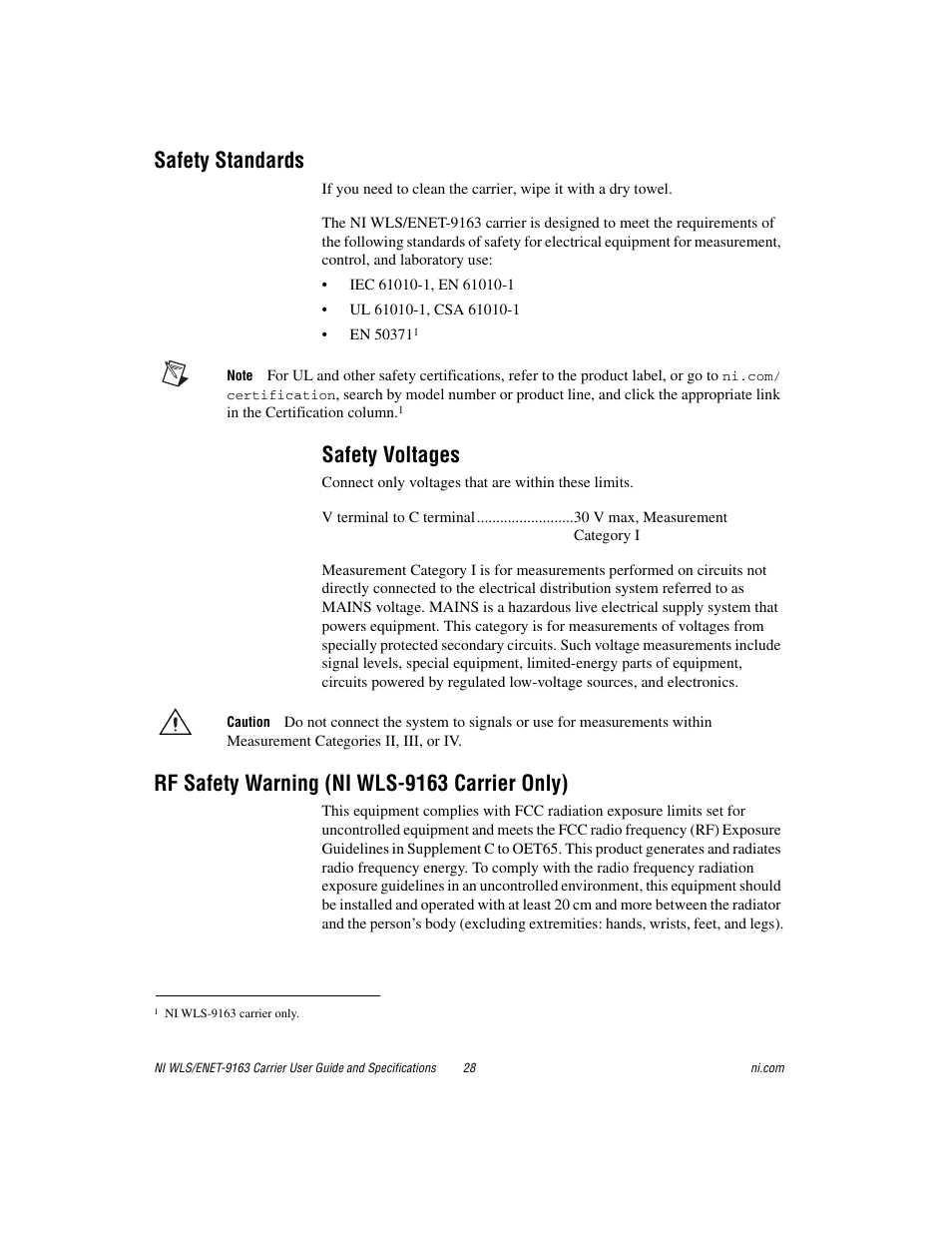 Safety standards, Safety voltages, Rf safety warning (ni wls-9163 carrier only) | National Instruments NI WLS/ENET-9163 User Manual | Page 28 / 36