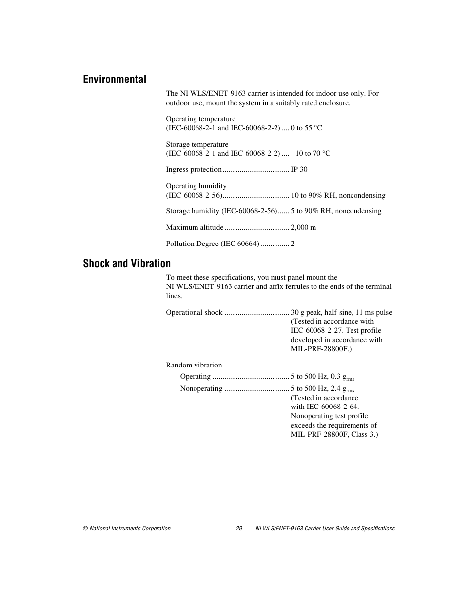 Environmental, Shock and vibration | National Instruments NI WLS/ENET-9163 User Manual | Page 29 / 36