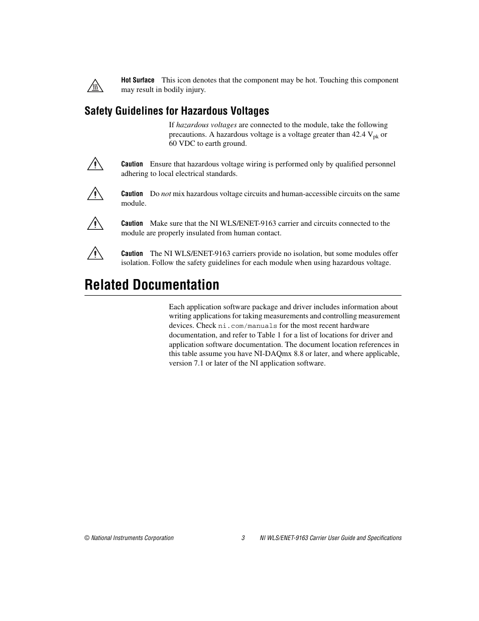 Safety guidelines for hazardous voltages, Related documentation | National Instruments NI WLS/ENET-9163 User Manual | Page 3 / 36