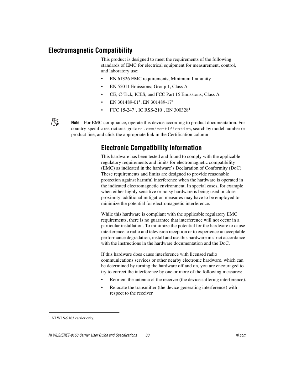 Electromagnetic compatibility, Electronic compatibility information | National Instruments NI WLS/ENET-9163 User Manual | Page 30 / 36