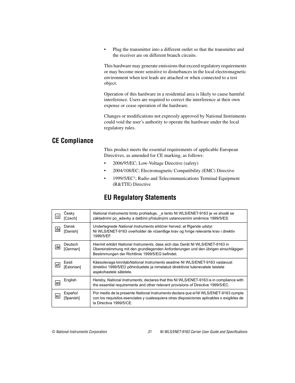 Ce compliance, Eu regulatory statements | National Instruments NI WLS/ENET-9163 User Manual | Page 31 / 36