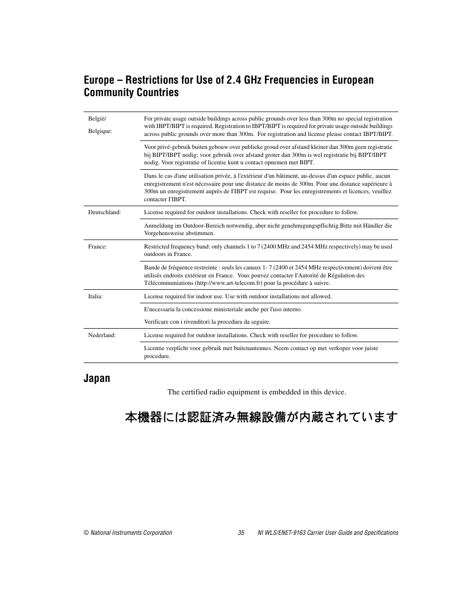 Japan, 本機器には認証済み無線設備が内蔵されています | National Instruments NI WLS/ENET-9163 User Manual | Page 35 / 36