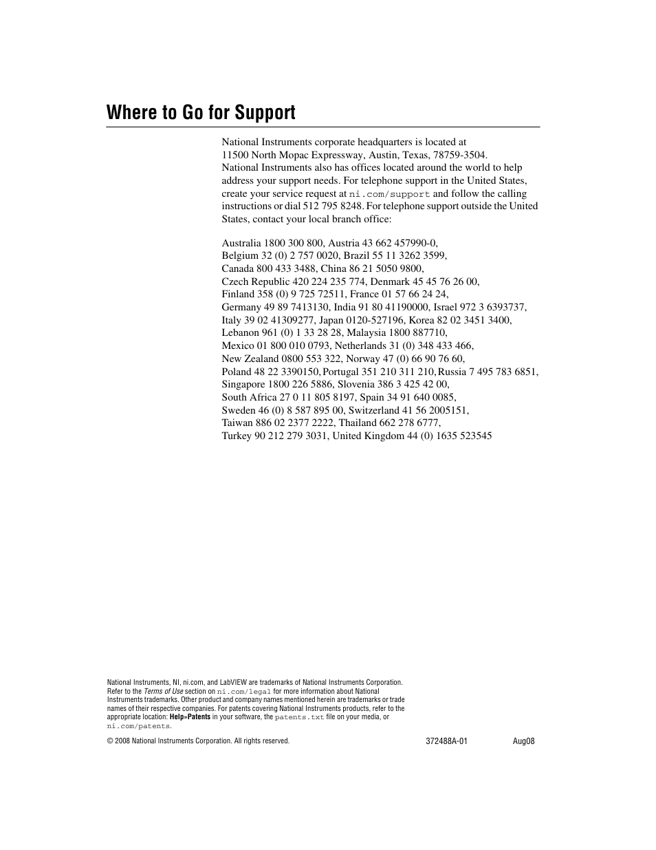 Where to go for support | National Instruments NI WLS/ENET-9163 User Manual | Page 36 / 36