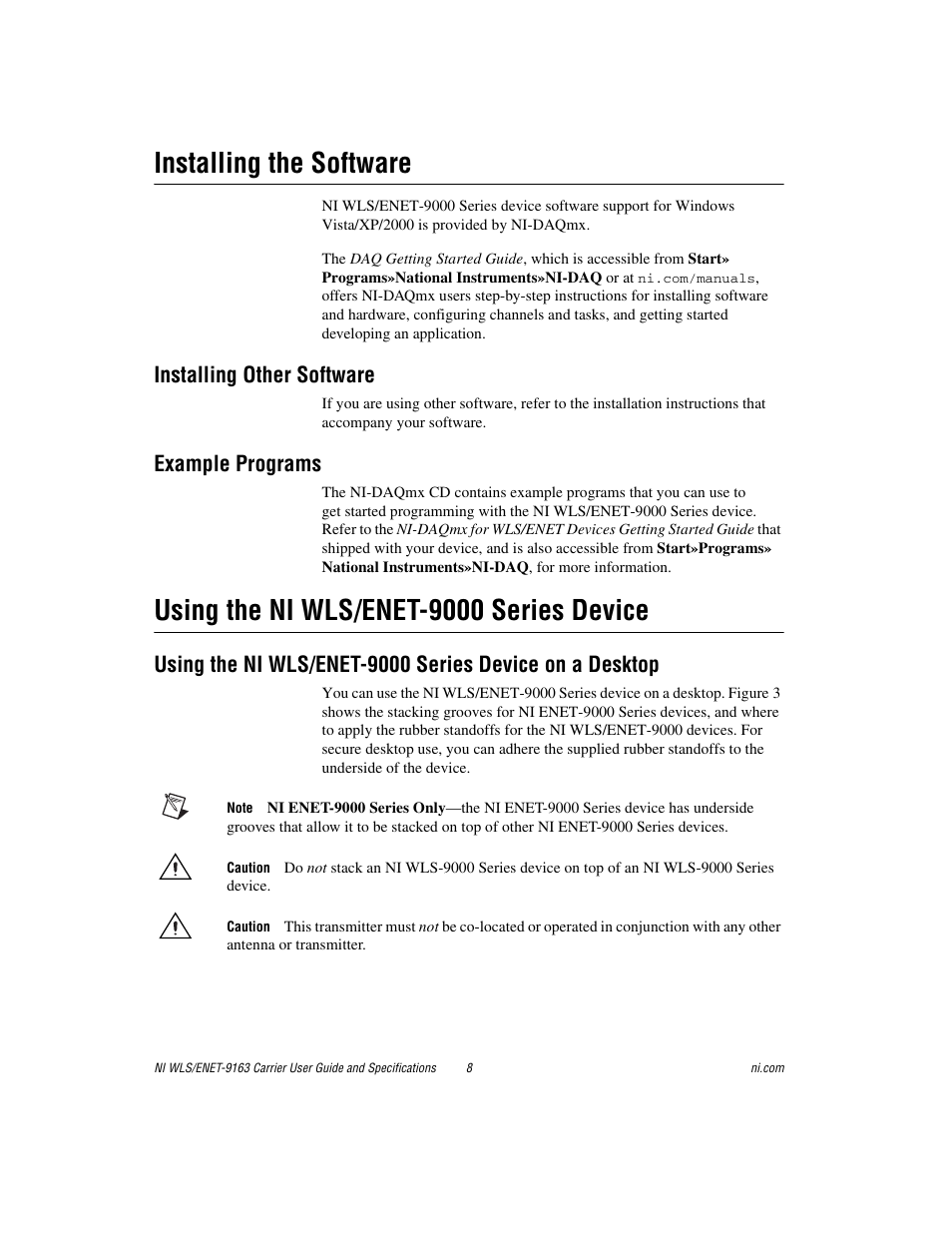 Installing the software, Installing other software, Example programs | Using the ni wls/enet-9000 series device | National Instruments NI WLS/ENET-9163 User Manual | Page 8 / 36