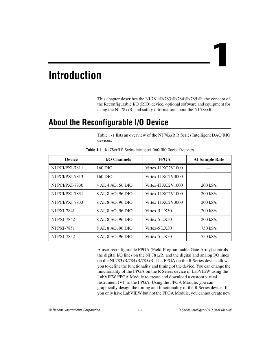 Chapter 1 introduction, About the reconfigurable i/o device, About the reconfigurable i/o device -1 | Introduction | National Instruments NI 784xR User Manual | Page 11 / 74