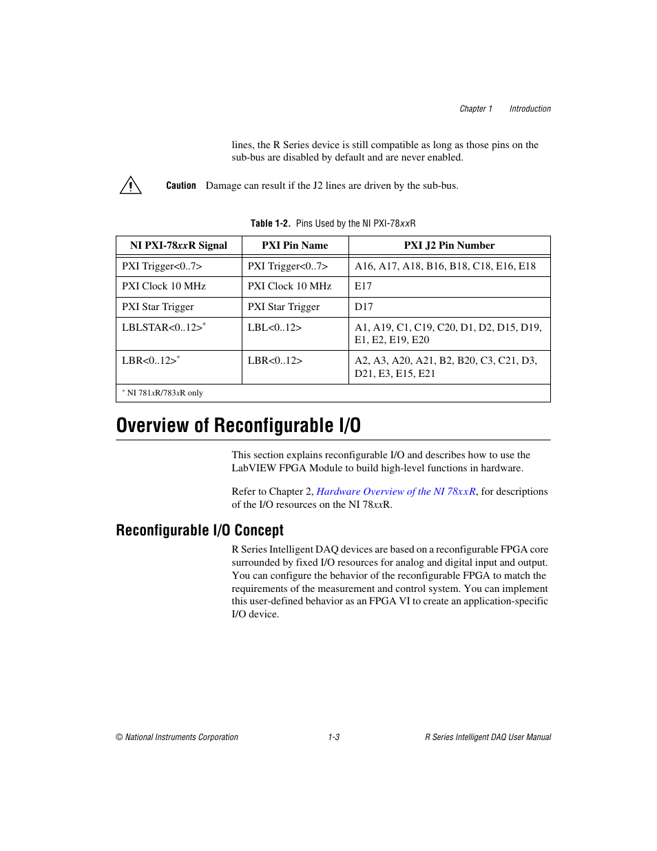 Table 1-2. pins used by the ni pxi-78x x r, Overview of reconfigurable i/o, Reconfigurable i/o concept | Overview of reconfigurable i/o -3, Reconfigurable i/o concept -3 | National Instruments NI 784xR User Manual | Page 13 / 74