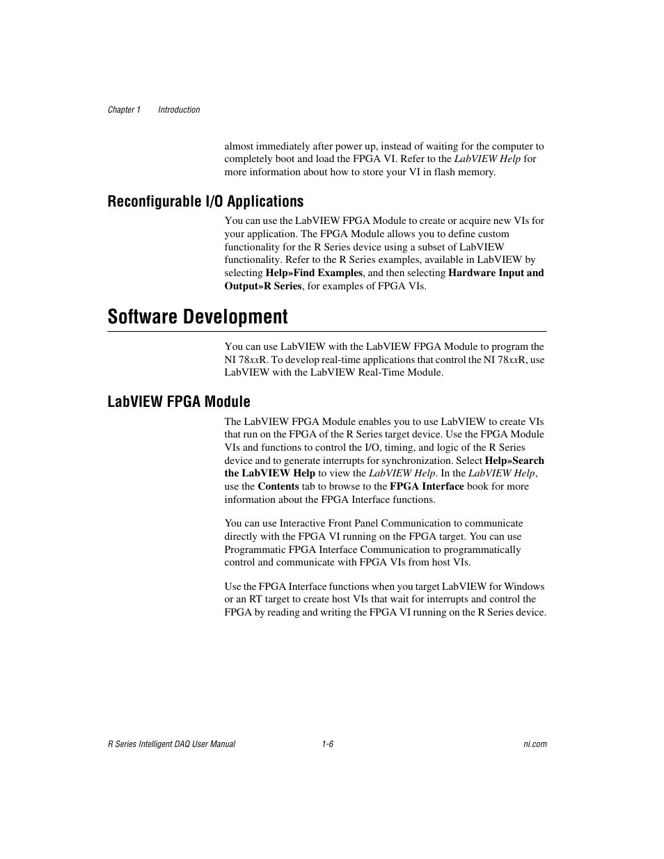Reconfigurable i/o applications, Software development, Labview fpga module | Reconfigurable i/o applications -6, Software development -6, Labview fpga module -6 | National Instruments NI 784xR User Manual | Page 16 / 74