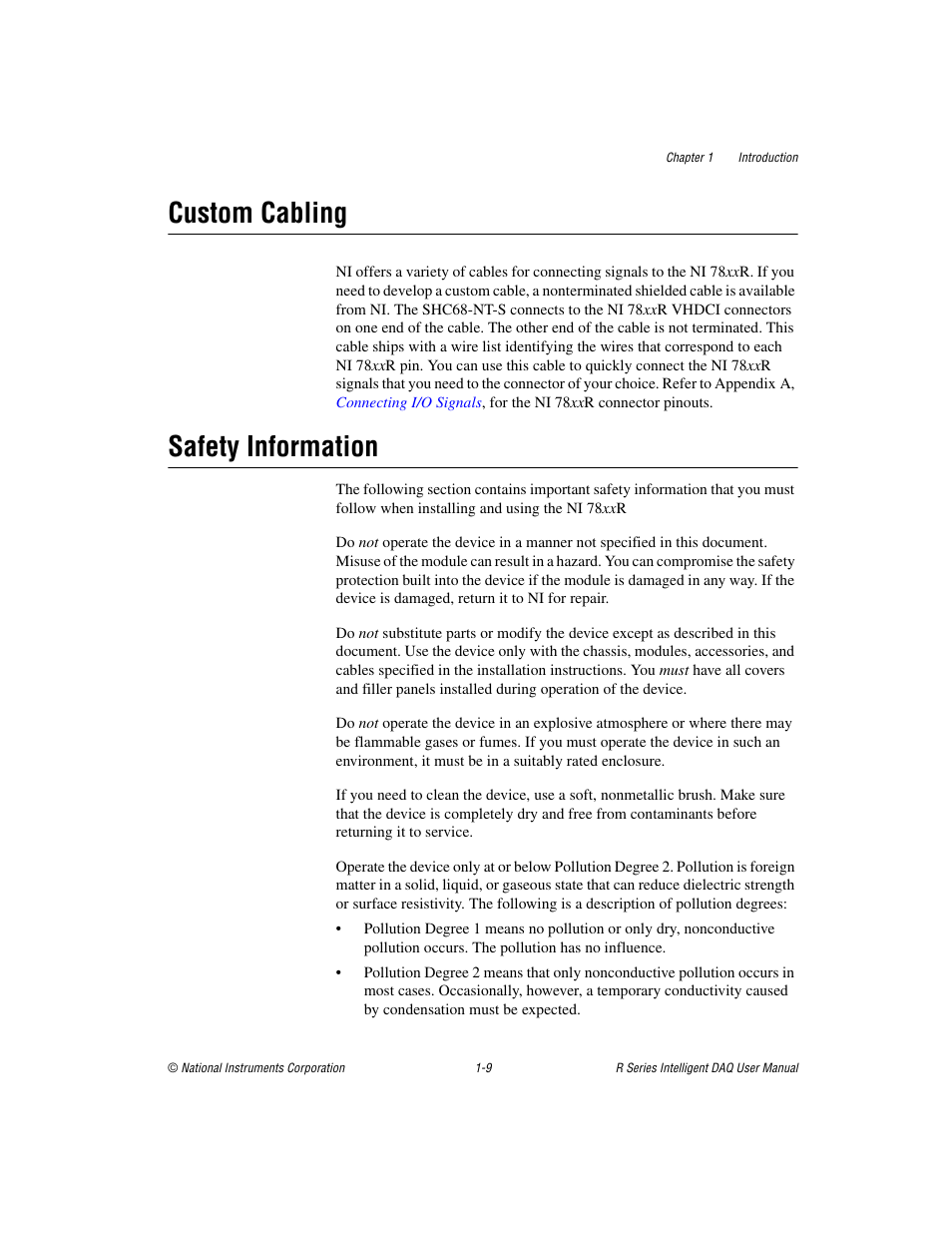 Custom cabling, Safety information, Custom cabling -9 safety information -9 | Sectio | National Instruments NI 784xR User Manual | Page 19 / 74