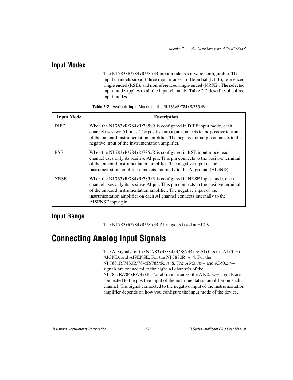 Input modes, Input range, Connecting analog input signals | Input modes -5 input range -5, Connecting analog input signals -5 | National Instruments NI 784xR User Manual | Page 26 / 74