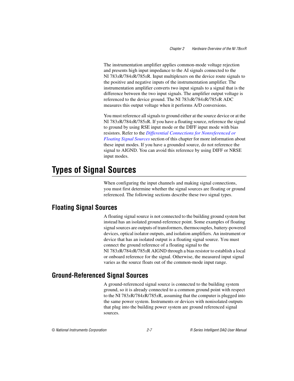Types of signal sources, Floating signal sources, Ground-referenced signal sources | Types of signal sources -7 | National Instruments NI 784xR User Manual | Page 28 / 74