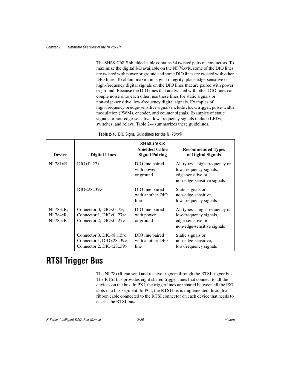 Table 2-4. dio signal guidelines for the ni 78xx r, Rtsi trigger bus, Rtsi trigger bus -20 | National Instruments NI 784xR User Manual | Page 41 / 74