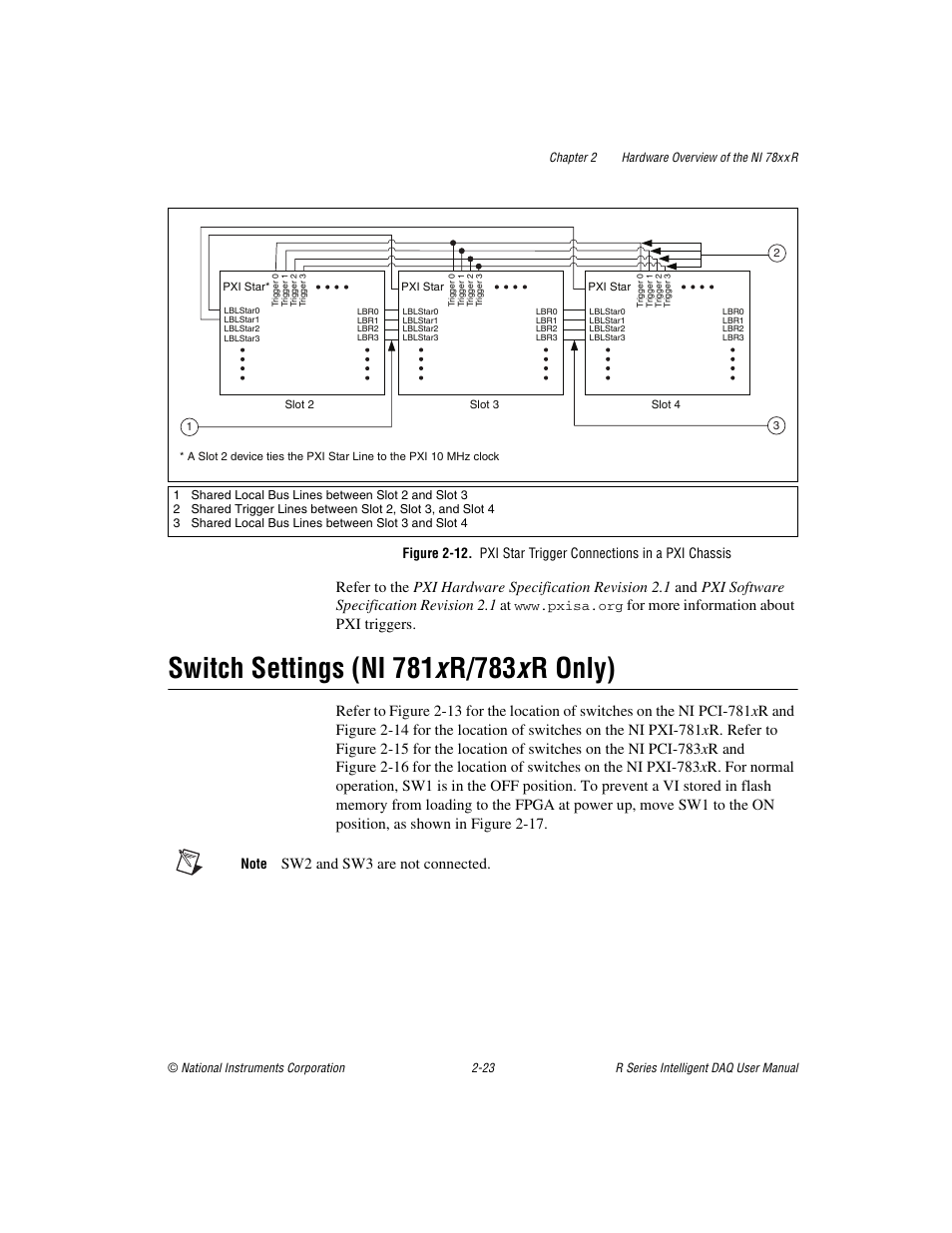 Switch settings (ni 781x r/783x r only), Switch settings (ni 781 x, For more information about pxi triggers | Sw2 and sw3 are not connected | National Instruments NI 784xR User Manual | Page 44 / 74