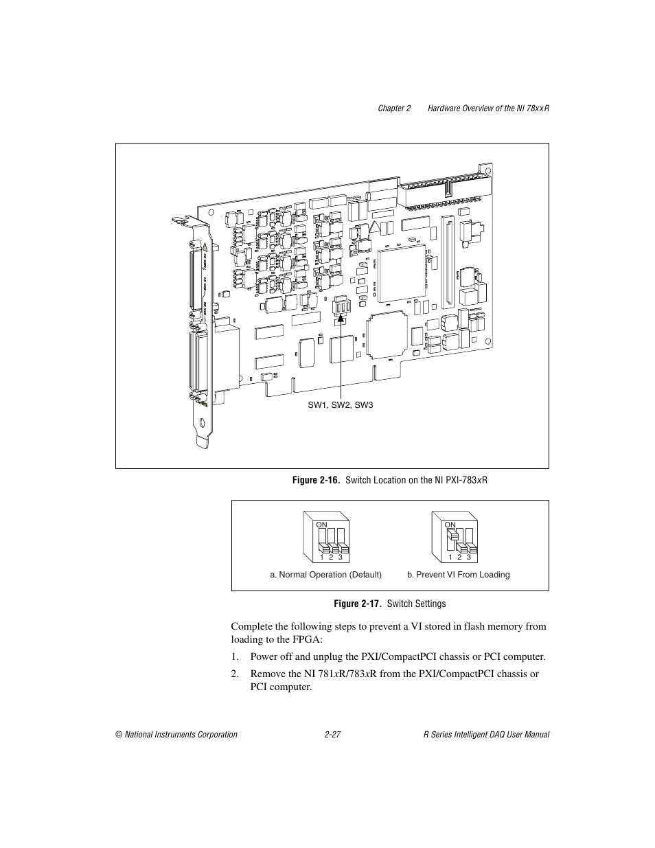 Figure 2-16. switch location on the ni pxi-783x r, Figure 2-17. switch settings, Gure 2-16 fo | National Instruments NI 784xR User Manual | Page 48 / 74