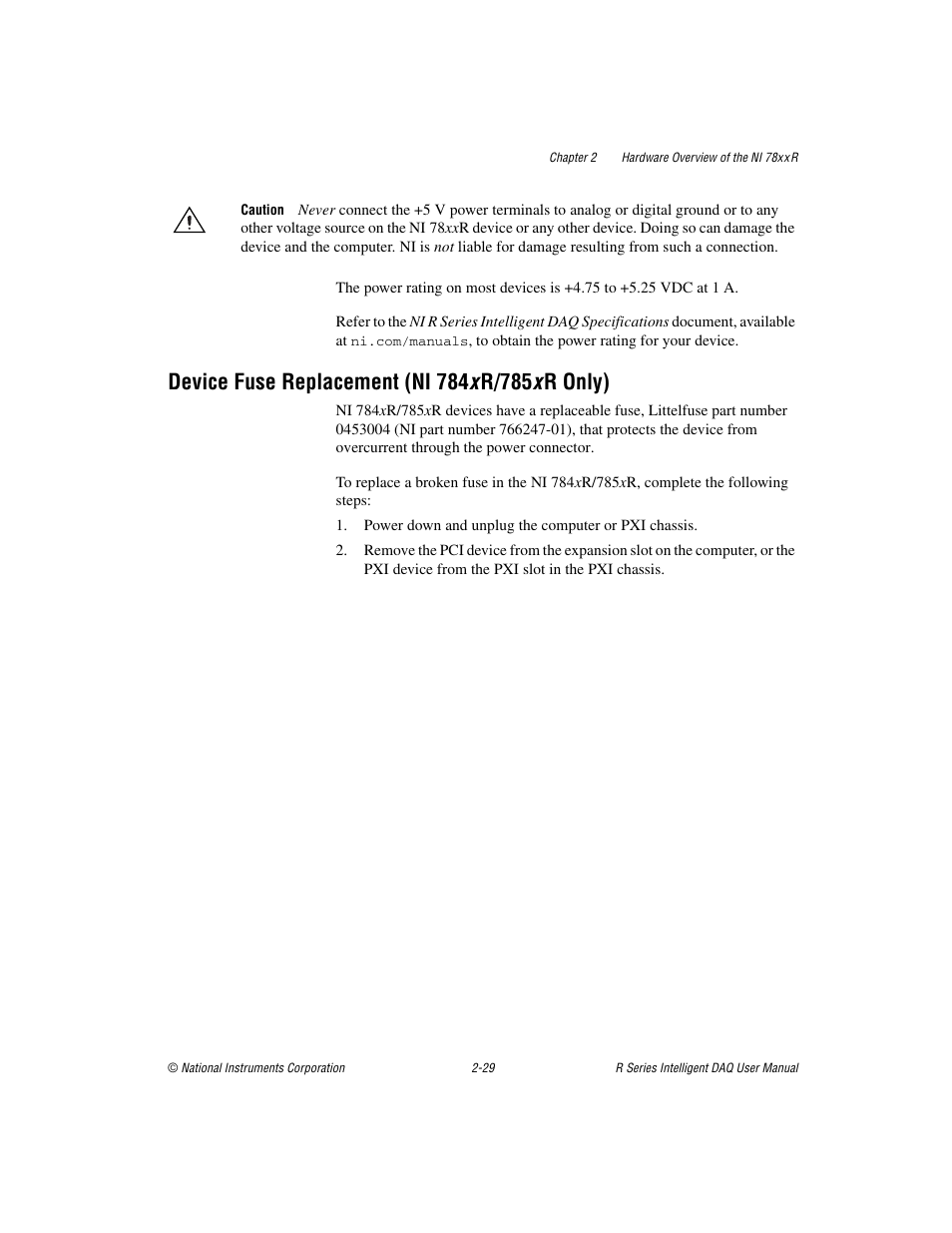 Device fuse replacement (ni 784x r/785x r only), Device fuse replacement (ni 784, Device fuse | Replacement (ni 784xr/785xr only), Section | National Instruments NI 784xR User Manual | Page 50 / 74