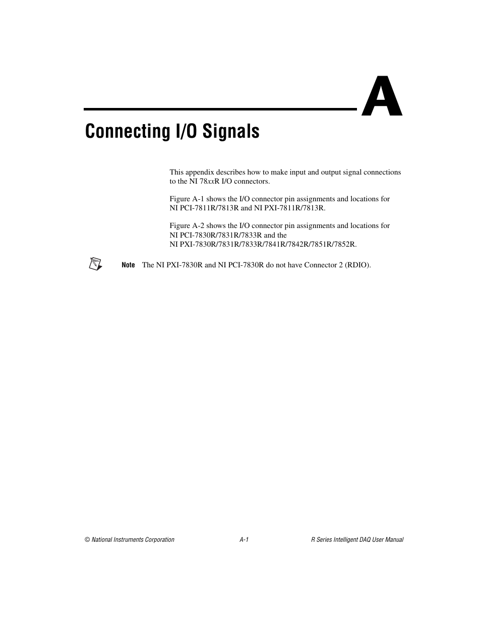 Appendix a connecting i/o signals, Connecting i/o signals | National Instruments NI 784xR User Manual | Page 56 / 74