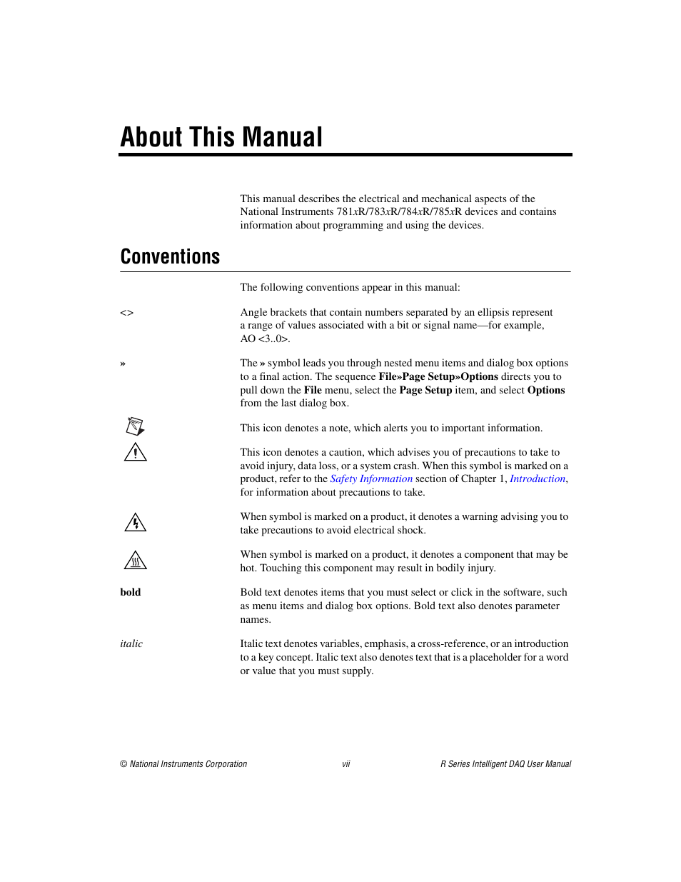 About this manual, Conventions | National Instruments NI 784xR User Manual | Page 7 / 74