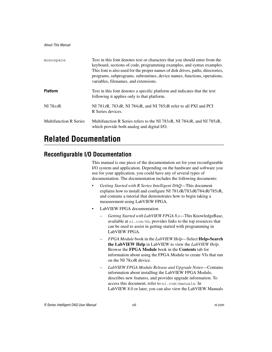 Related documentation, Reconfigurable i/o documentation | National Instruments NI 784xR User Manual | Page 8 / 74