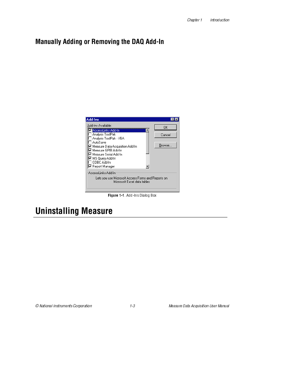 Manually adding or removing the daq add-in, Uninstalling measure, Figure 1-1. add-ins dialog box | Figure 1-1, Add-ins dialog box | National Instruments Measure Data Acquisition User Manual | Page 13 / 98