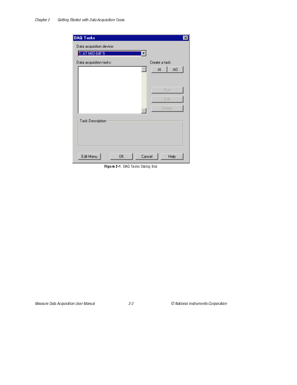 Figure 2-1. daq tasks dialog box, Figure 2-1, Daq tasks dialog box | National Instruments Measure Data Acquisition User Manual | Page 15 / 98