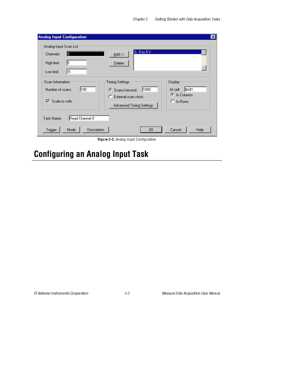 Configuring an analog input task, Figure 2-2. analog input configuration, Figure 2-2 | Analog input configuration | National Instruments Measure Data Acquisition User Manual | Page 16 / 98