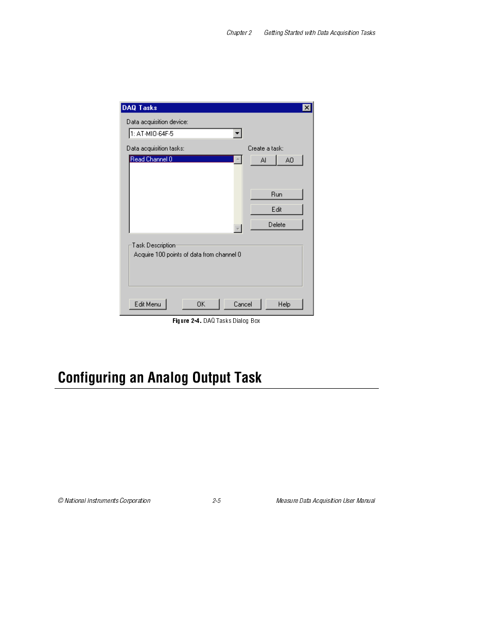 Configuring an analog output task, Figure 2-4. daq tasks dialog box, Figure 2-4 | Daq tasks dialog box | National Instruments Measure Data Acquisition User Manual | Page 18 / 98