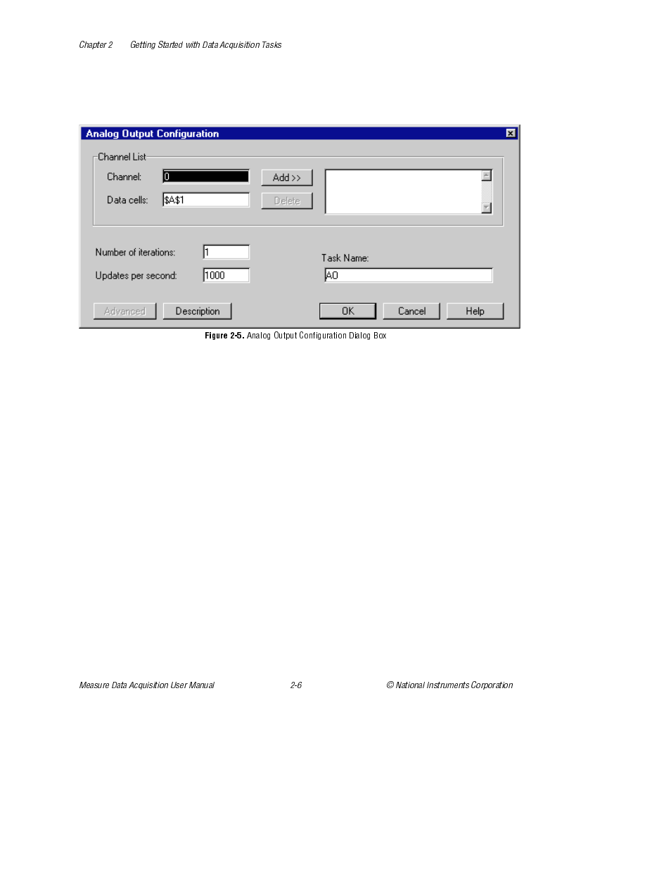 Figure 2-5. analog output configuration dialog box, Figure 2-5, Analog output configuration dialog box | National Instruments Measure Data Acquisition User Manual | Page 19 / 98