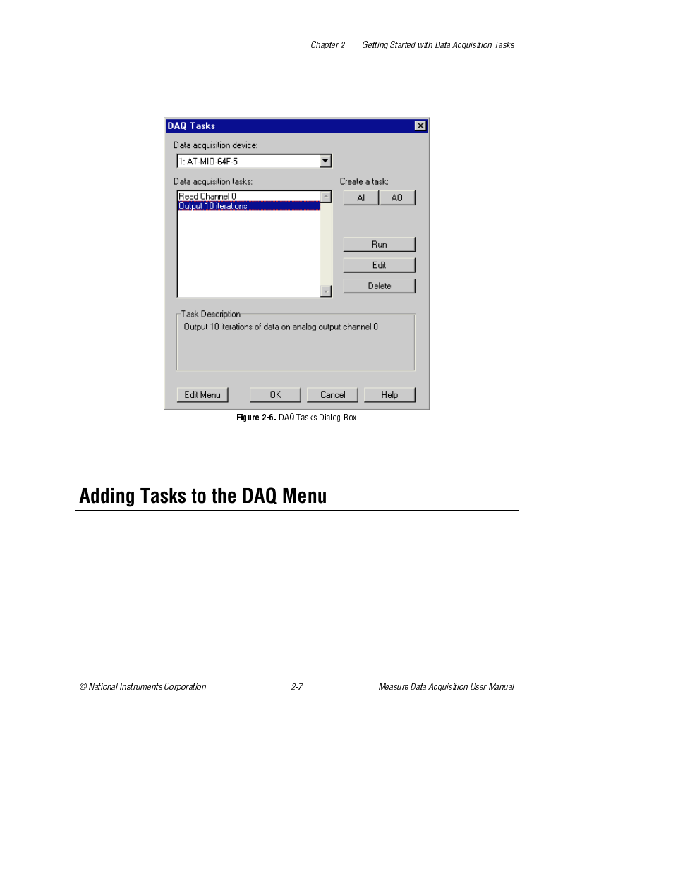 Adding tasks to the daq menu, Figure 2-6. daq tasks dialog box, Figure 2-6 | Daq tasks dialog box | National Instruments Measure Data Acquisition User Manual | Page 20 / 98