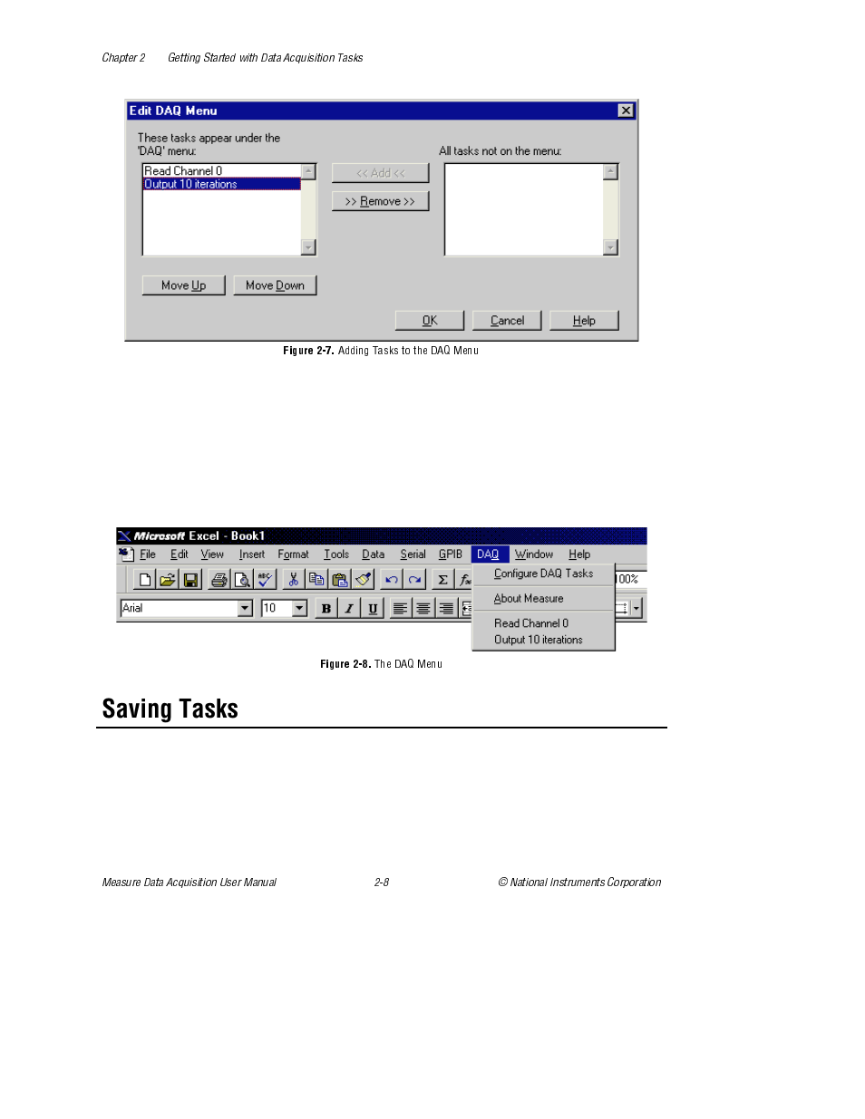 Saving tasks, Figure 2-7. adding tasks to the daq menu, Figure 2-8. the daq menu | Figure 2-7, Adding tasks to the daq menu, Figure 2-8, The daq menu | National Instruments Measure Data Acquisition User Manual | Page 21 / 98