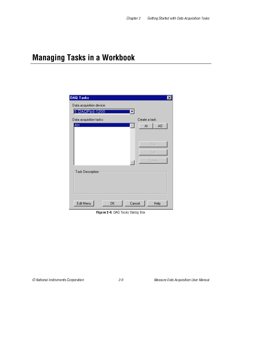Managing tasks in a workbook, Figure 2-9. daq tasks dialog box, Figure 2-9 | Daq tasks dialog box | National Instruments Measure Data Acquisition User Manual | Page 22 / 98