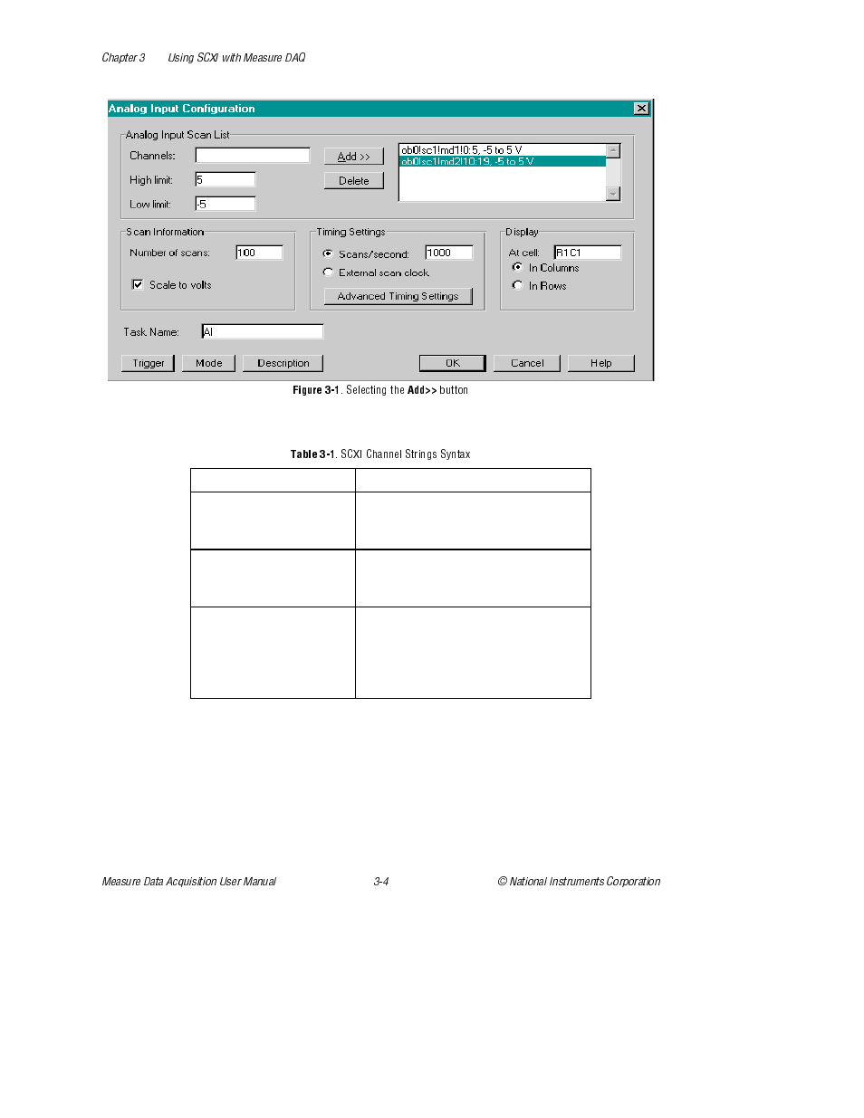 Figure 3-1. selecting the add>> button, Table 3-1. scxi channel strings syntax, Figure 3-1 | Selecting the add>> button, Table 3-1, Scxi channel strings syntax | National Instruments Measure Data Acquisition User Manual | Page 27 / 98