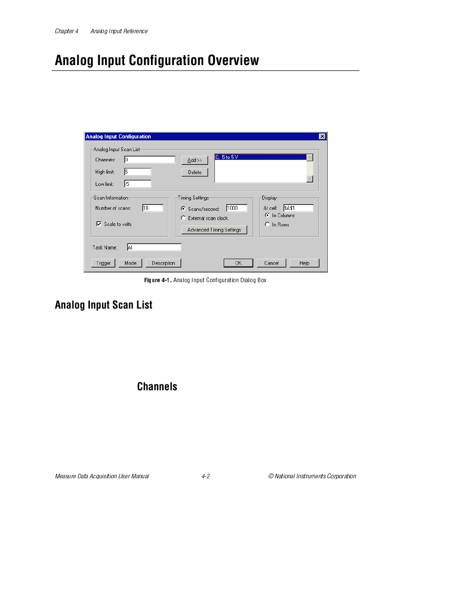 Analog input configuration overview, Analog input scan list, Channels | Figure 4-1. analog input configuration dialog box, Figure 4-1, Analog input configuration dialog box | National Instruments Measure Data Acquisition User Manual | Page 30 / 98