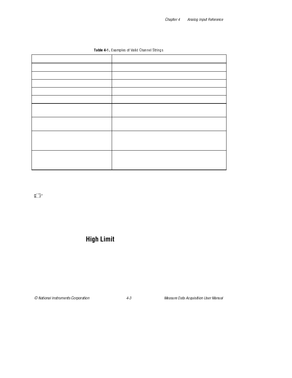 High limit, Table 4-1. examples of valid channel strings, Table 4-1 | Examples of valid channel strings | National Instruments Measure Data Acquisition User Manual | Page 31 / 98