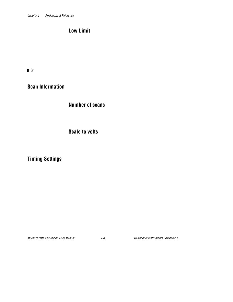 Low limit, Scan information, Number of scans | Scale to volts, Timing settings, Number of scans scale to volts | National Instruments Measure Data Acquisition User Manual | Page 32 / 98