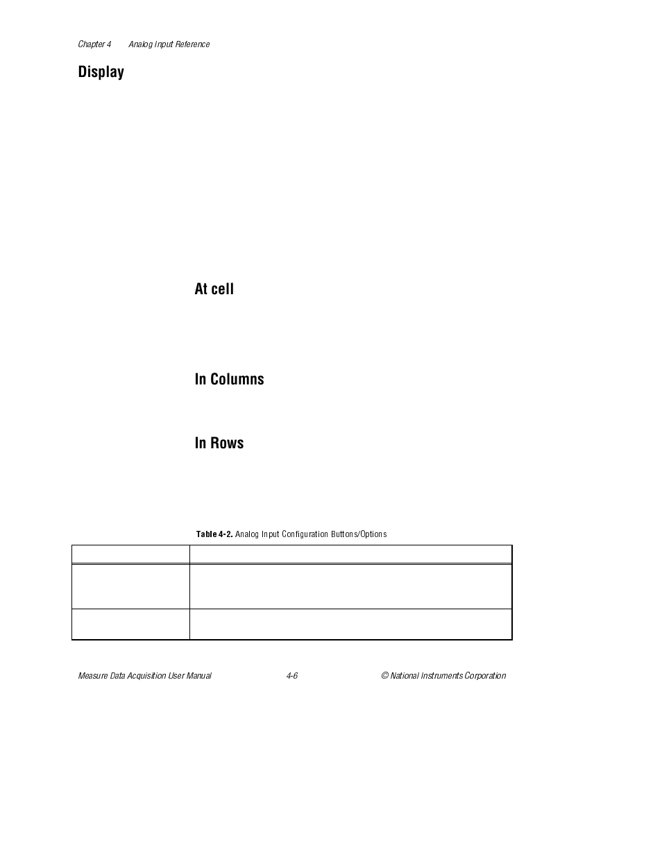 Display, At cell, In columns | In rows, At cell in columns in rows, Table 4-2, Analog input configuration buttons/options | National Instruments Measure Data Acquisition User Manual | Page 34 / 98