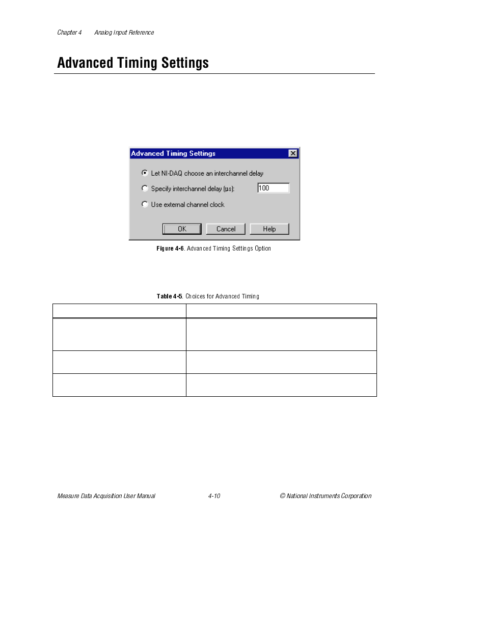 Advanced timing settings, Figure 4-6. advanced timing settings option, Table 4-5. choices for advanced timing | Figure 4-6, Advanced timing settings option, Table 4-5, Choices for advanced timing | National Instruments Measure Data Acquisition User Manual | Page 38 / 98