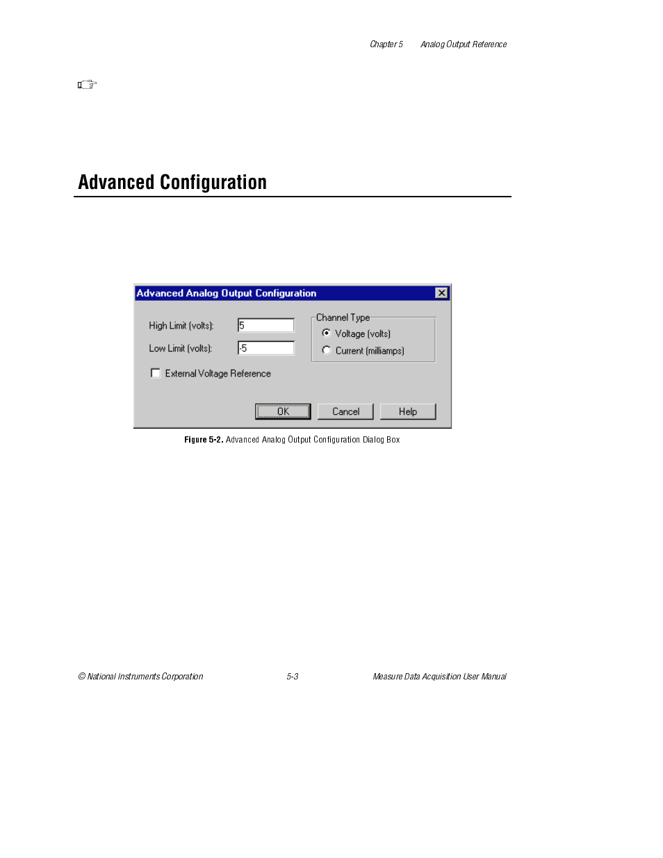 Advanced configuration, Figure 5-2, Advanced analog output configuration dialog box | National Instruments Measure Data Acquisition User Manual | Page 41 / 98